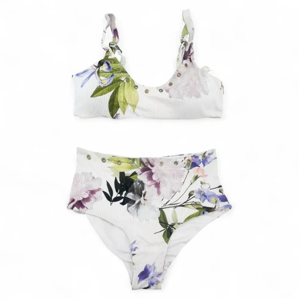 NWT TiniBikini Floral Ribbed Bikini Set S/M Eyelet Detail Swim White Lavender